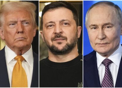 In this combination of file photos, President Donald Trump, left, and Ukraine's President Volodymyr Zelenskyy, center, are seen at the Elysee Palace, Dec. 7, 2024 in Paris, and President Vladimir Putin, right, addresses a Technology Forum in Moscow, Russia, Feb. 21, 2025. (AP Photo/Aurelien Morissard, left and center, Pavel Bednyakov, right)