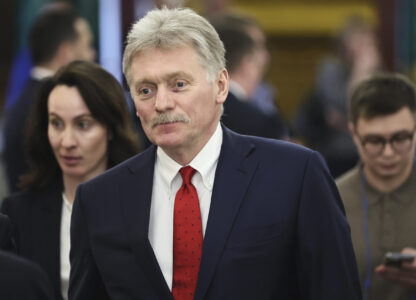 Kremlin spokesman Dmitry Peskov attends a press conference following the meeting of Russian President Vladimir Putin and Tajik President Emomali Rahmon at the Kremlin in Moscow, Russia, Monday, March 17, 2025. (Yury Kochetkov/Pool Photo via AP)