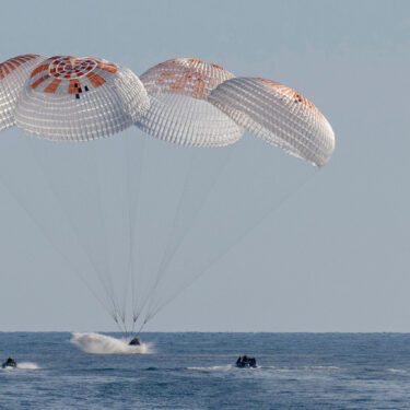 In this image provided by NASA, a SpaceX capsule splashes down in the Gulf of Mexico, Tuesday, March 18, 2025, as it lands off the coast of Florida with NASA astronauts Suni Williams, Butch Wilmore and Nick Hague, and Russian cosmonaut Alexander Gorbunov. (Keegan Barber/NASA via AP)