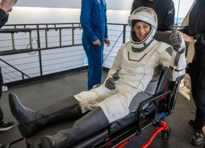 NASA astronaut Suni Williams gives a thumbs-up after being helped out of a SpaceX capsule onboard the SpaceX recovery ship Megan after landing in the water off the coast of Tallahassee, Fla., Tuesday, March 18, 2025. (Keegan Barber/NASA via AP)