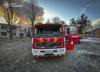 In this photo provided by the Ukrainian Emergency Service on Wednesday, March 19, 2025, firefighters' truck is parked on a site of a Russian attack in Krasnopillia, Sumy region, Ukraine. (Ukrainian Emergency Service via AP)