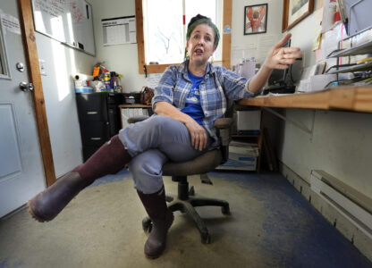 CORRECTS NAME SPELLING: Seafood dealer Togue Brawn speaks to a reporter at a processing facility, Tuesday, March 11, 2025, in Bremen, Maine. (AP Photo/Robert F. Bukaty)