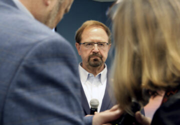 FILE - Rep. Chuck Edwards talks during a town hall in Asheville, N.C., March 13, 2025. (AP Photo/Makiya Seminera, File)