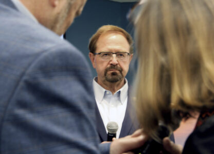 FILE - Rep. Chuck Edwards talks during a town hall in Asheville, N.C., March 13, 2025. (AP Photo/Makiya Seminera, File)