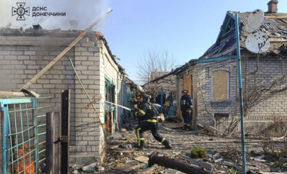 In this photo provided by the Ukrainian Emergency Service, firefighters put out the fire following a Russian attack in Donetsk region, Ukraine, Monday, March 24, 2025. (Ukrainian Emergency Service via AP)