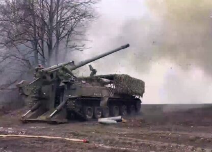 In this image taken from a video distributed by Russian Defense Ministry Press Service on Monday, March 24, 2025, a Russian Army 2S5 howitzer Giatsint-S fires towards Ukrainian positions in Ukraine. (Russian Defense Ministry Press Service via AP)