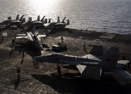 FILE - Figther jets maneuver on the deck of the USS Dwight D. Eisenhower in the Red Sea on Tuesday, June 11, 2024. (AP Photo/Bernat Armangue, File)
