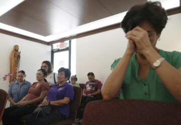 Luisa Arguello, second from right, and other parishioners pray in the perpetual adoration chapel at St. Benedict Catholic Church in Hialeah, Fla., on Thursday, March 20, 2025. (AP Photo/Marta Lavandier)