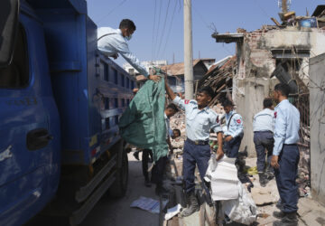 Myanmar's military personnel search through rubble of a collapsed building following Friday's earthquake in Naypyitaw, Myanmar, Tuesday, April 1, 2025. (AP Photo)