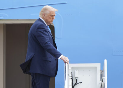 President Donald Trump boards Air Force One at Joint Base Andrews, Md., Friday, March 28, 2025, en route to Florida for the weekend. (AP Photo/Jacquelyn Martin)