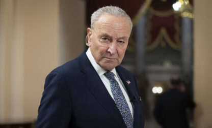 FILE - Senate Minority Leader Chuck Schumer, D-N.Y., is pictured during a television interview at the Capitol in Washington, March 14, 2025. (AP Photo/Ben Curtis)