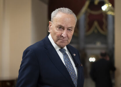 FILE - Senate Minority Leader Chuck Schumer, D-N.Y., is pictured during a television interview at the Capitol in Washington, March 14, 2025. (AP Photo/Ben Curtis)