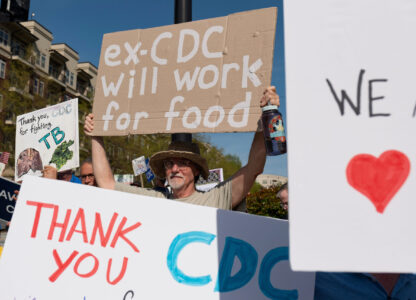 Peter Cegielski, who retired from the CDC in 2020 after working there over two decades, protests in support of the Centers for Disease Control and Prevention in front of the headquarters in Atlanta, Tuesday, April 1, 2025, after layoffs were announced. (AP Photo/Ben Gray)