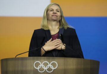 FILE - Kirsty Coventry reacts after she was announced as the new IOC President at the International Olympic Committee 144th session in Costa Navarino, western Greece, March 20, 2025. (AP Photo/Thanassis Stavrakis, File)