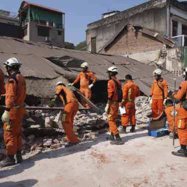 Myanmar's rescuers work through rubble of a collapsed building following Friday's earthquake in Naypyitaw, Myanmar, Tuesday, April 1, 2025. (AP Photo)