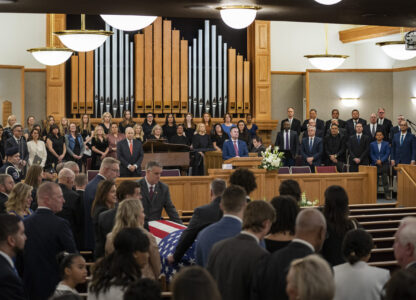 The casket of former U.S. Rep. Mia Love is brought into the chapel during funeral services at the University of Utah Institute of Religion in Salt Lake City on Monday, April 7, 2025. (Rick Egan/The Salt Lake Tribune via AP, Pool)
