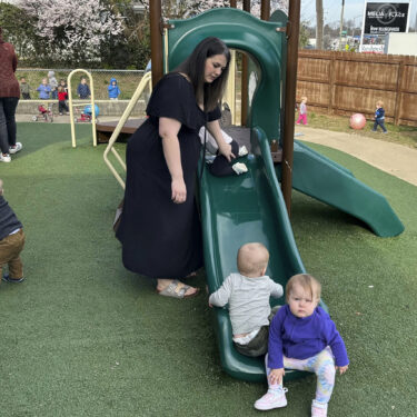 FILE - Delaney Griffin, center, plays with toddlers at the child care center where she works, March 13, 2024, in Lexington, Ky. (AP Photo/Dylan Lovan, File)