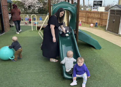 FILE - Delaney Griffin, center, plays with toddlers at the child care center where she works, March 13, 2024, in Lexington, Ky. (AP Photo/Dylan Lovan, File)