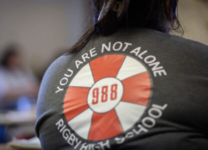 This image provided by Idaho Education News shows a student wearing a Hope Squad shirt at Rigby High School in Rigby, Idaho on Wednesday, Feb. 5, 2025. (John Roark/Idaho Education News via AP)