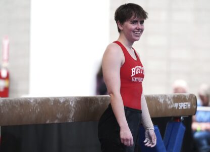 Ten Harder, of Boston University Gymnastics Club in Boston, waits to compete on the balance beam at the 2025 NAIGC national competition in Pittsburgh, Friday, April 4, 2025. (AP Photo/Gene J. Puskar)