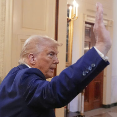 President Donald Trump departs after an event in the East Room of the White House, Tuesday, April 8, 2025, in Washington. (AP Photo/Alex Brandon)