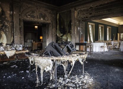 This image provided by Commonwealth Media Services shows damage after a fire at the Pennsylvania governor’s mansion while Democratic Gov. Josh Shapiro and his family slept inside on Sunday, April 13, 2025, in Harrisburg, Pa. (Commonwealth Media Services via AP)