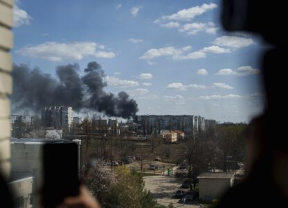 Smoke rises from an explosion following a Russian drone strike on Sumy, Ukraine, Monday, April 14, 2025. (AP Photo/Evgeniy Maloletka)