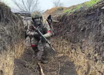 In this photo taken from video distributed by Russian Defense Ministry Press Service on Monday, April 14, 2025, Russian servicemen attend a combat training for assault units in an undisclosed location. (Russian Defense Ministry Press Service via AP)