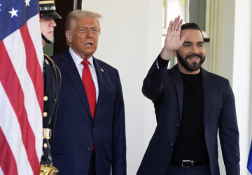 President Donald Trump greets El Salvador's President Nayib Bukele as he arrives at the West Wing of the White House, Monday, April 14, 2025, in Washington. (AP Photo/Alex Brandon)