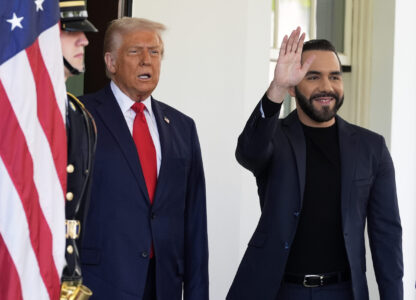 President Donald Trump greets El Salvador's President Nayib Bukele as he arrives at the West Wing of the White House, Monday, April 14, 2025, in Washington. (AP Photo/Alex Brandon)