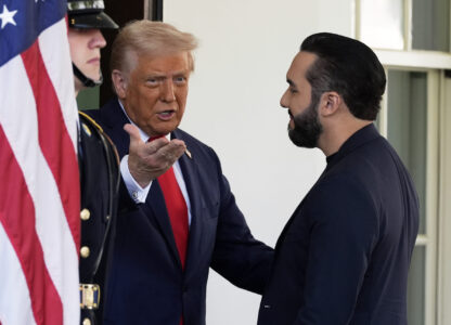 President Donald Trump greets El Salvador's President Nayib Bukele as he arrives at the West Wing of the White House, Monday, April 14, 2025, in Washington. (AP Photo/Alex Brandon)