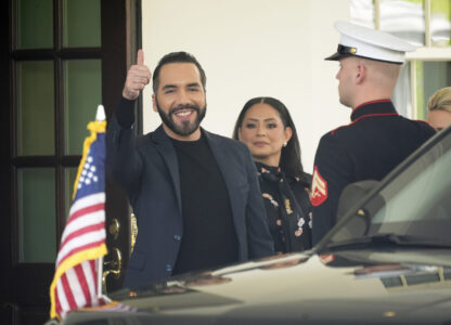 El Salvador's President Nayib Bukele gives a thumbs up as he departs following a meeting at the White House with President Donald Trump, Monday, April 14, 2025, in Washington. (AP Photo/Manuel Balce Ceneta)