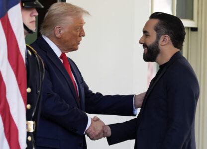President Donald Trump greets El Salvador's President Nayib Bukele as he arrives at the West Wing of the White House, Monday, April 14, 2025, in Washington. (AP Photo/Alex Brandon)