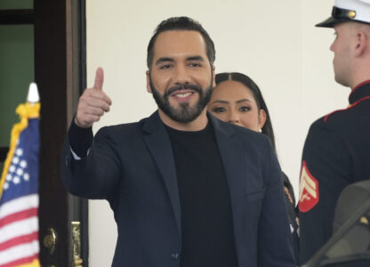 El Salvador's President Nayib Bukele gives a thumbs up as he departs following a meeting at the White House with President Donald Trump, Monday, April 14, 2025, in Washington. (AP Photo/Manuel Balce Ceneta)