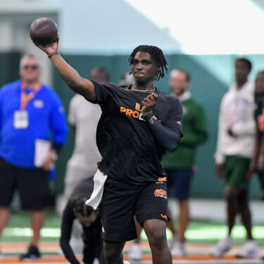 FILE - Miami quarterback Cam Ward throws the ball during the school's NFL football pro day on March 24, 2025, in Coral Gables, Fla. (AP Photo/Michael Laughlin, File)