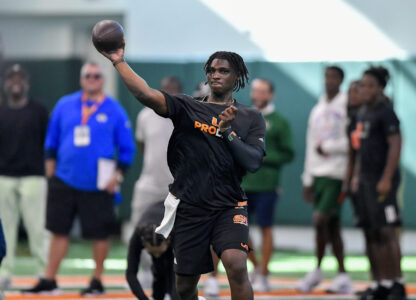 FILE - Miami quarterback Cam Ward throws the ball during the school's NFL football pro day on March 24, 2025, in Coral Gables, Fla. (AP Photo/Michael Laughlin, File)