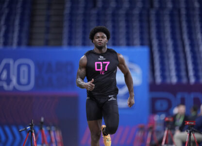 FILE - Bowling Green tight end Harold Fannin Jr. runs a drill at the NFL football scouting combine in Indianapolis, on Feb. 28, 2025. (AP Photo/George Walker IV, File)