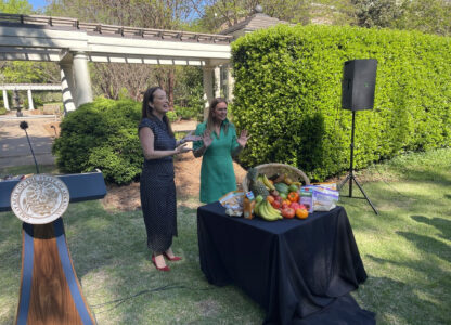 United States Agriculture Secretary Brooke Rollins, left, and Arkansas Gov. Sarah Huckabee Sanders speak outside the Governor's Mansion in Little Rock, Ark., Tuesday, April 15, 2025. Arkansas on Tuesday requested to ban Supplemental Nutrition Assistance Program, or SNAP, from being used to purchase junk food or soda. (AP Photo/Andrew DeMillo)