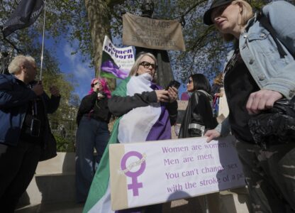 Women's rights activists hold placards outside the Supreme Court to challenge gender recognition laws, in London, Wednesday, April 16, 2025. (AP Photo/Kin Cheung)