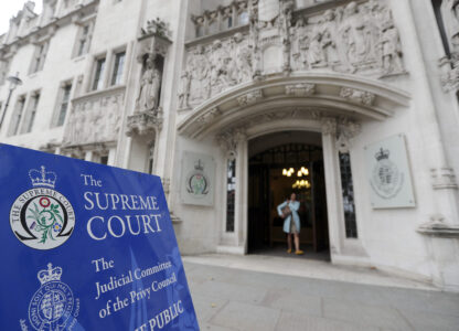FILE - The entrance of the Supreme Court in London, Wednesday, Sept. 11, 2019. (AP Photo/Frank Augstein, File)