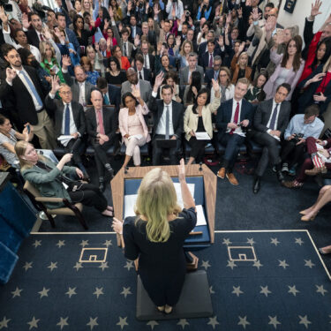 White House press secretary Karoline Leavitt speaks with reporters in the James Brady Press Briefing Room at the White House, Tuesday, April 15, 2025, in Washington. (AP Photo/Alex Brandon)