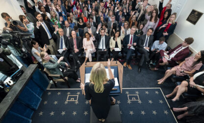 White House press secretary Karoline Leavitt speaks with reporters in the James Brady Press Briefing Room at the White House, Tuesday, April 15, 2025, in Washington. (AP Photo/Alex Brandon)