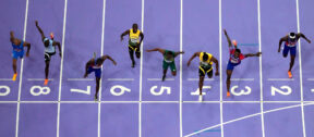Noah Lyles, of the United States, in lane seven, wins the men’s 100-meter final at the 2024 Summer Olympics, Aug. 4, 2024, in Saint-Denis, France. (AP Photo/David J. Phillip)