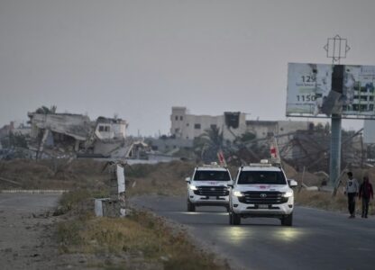 Red Cross vehicles carrying American-Israeli hostage and soldier Edan Alexander leave the Gaza Strip after he was handed over to the organization, Monday, May 12, 2025. (AP Photo/Abdel Kareem Hana)