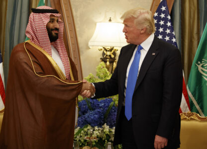 FILE- President Donald Trump, right, shakes hands with Saudi Deputy Crown Prince and Defense Minister Mohammed bin Salman during a bilateral meeting, in Riyadh, May 20, 2017. (AP Photo/Evan Vucci, File)