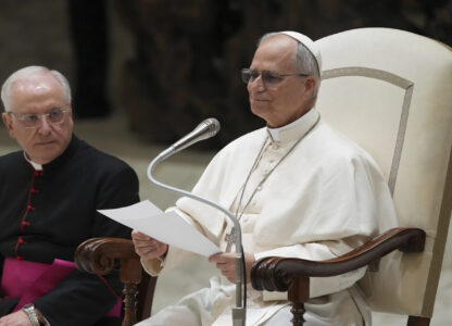 Pope Leo XIV meets with members of the international media in the Paul VI Hall at the Vatican, Monday, May 12, 2025. (AP Photo/Domenico Stinellis)