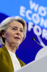 President of the European Commission Ursula von der Leyen talks during the Annual Meeting of the World Economic Forum in Davos, Switzerland, Tuesday, Jan. 20, 2026. (AP Photo/Markus Schreiber)