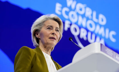 President of the European Commission Ursula von der Leyen talks during the Annual Meeting of the World Economic Forum in Davos, Switzerland, Tuesday, Jan. 20, 2026. (AP Photo/Markus Schreiber)