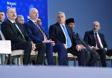 From right, Ayman Al Safadi, Deputy PM of of Jordan, Prabowo Subinato, President of Indonesia, Hungary's Prime Minister Viktor Orban, Bulgaria's Prime Minister Rossen Jeliazkov and Ilham Aliyev, President attend a Board of Peace charter announcement during the Annual Meeting of the World Economic Forum in Davos, Switzerland, Thursday, Jan. 22, 2026. (AP Photo/Evan Vucci)