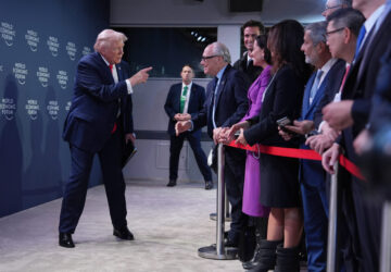 President Donald Trump arrives to address a meeting of Global Business Leaders at the Annual Meeting of the World Economic Forum in Davos, Switzerland, Wednesday, Jan. 21, 2026. (AP Photo/Evan Vucci)